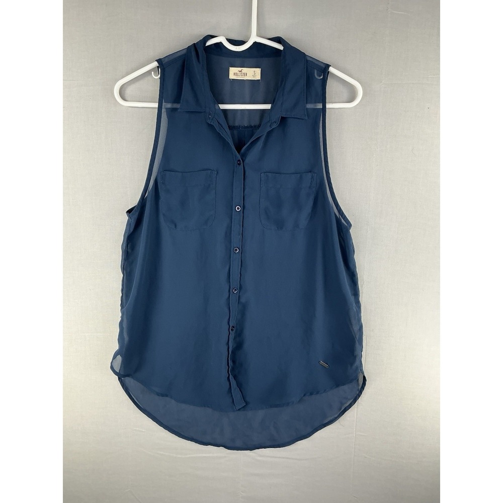 Hollister‎ Women's Sleeveless Button Front Blouse Blue Sheer Casual Size S